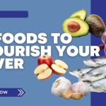 Graphic with the title “5 Foods to Nourish Your Liver” showing apples, avocados, beets, fish, and garlic, published by Prime Magazine.