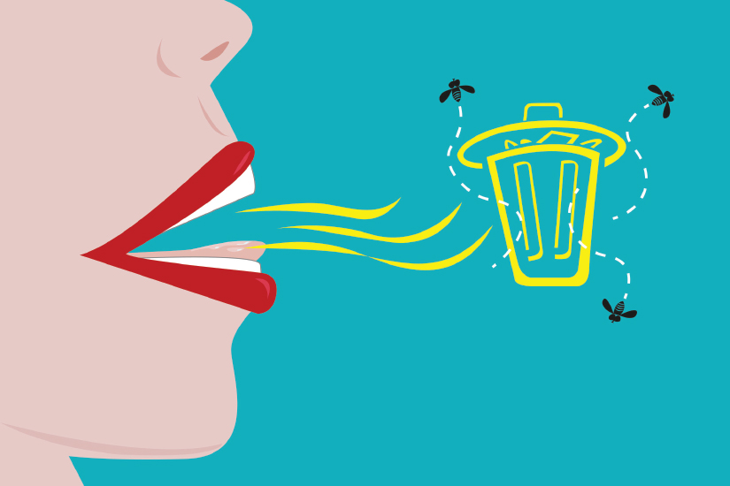 Illustration of a woman’s mouth emitting foul-smelling breath toward a trash bin, symbolizing bad breath or halitosis.