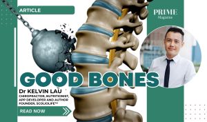Illustration of the spine under stress alongside bone strengthening foods and nutrition for bone health.