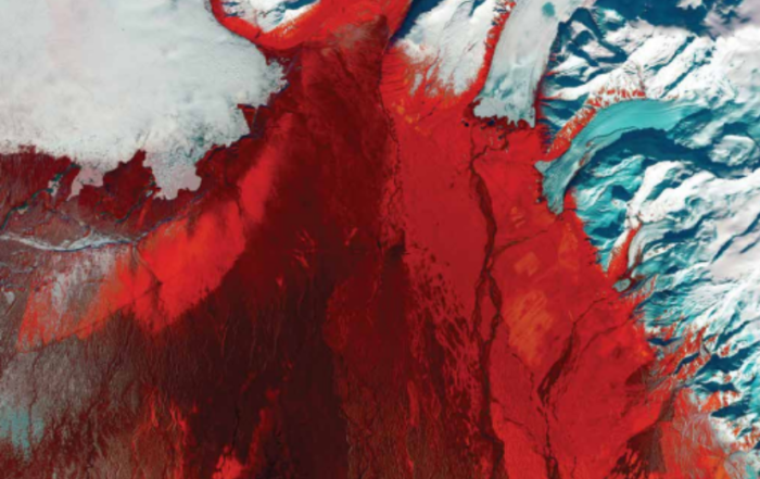 Aerial view of glacial meltwater rivers flowing across Iceland’s volcanic landscape