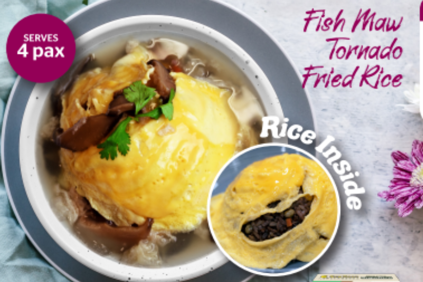 A bowl of Fish Maw Tornado Fried Rice topped with a fluffy golden egg swirl, served in rich fish maw soup with mushrooms and coriander garnish.