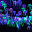 Glowing jellyfish floating in a dark underwater environment, illuminated in vibrant blue, green, and purple bioluminescent colors.
