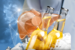 Two beer bottles on ice with a digital liver graphic overlay, symbolizing the link between alcohol and liver health risks.