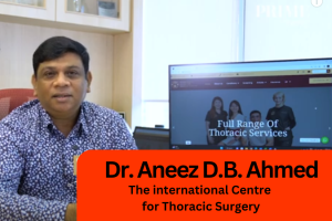Dr Aneez D.B. Ahmed seated at his clinic table at the International Centre for Thoracic Surgery (ICTS)
