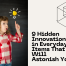 A surprised young girl in a red checkered shirt points upward with a bright yellow lightbulb doodle above her head, symbolizing a clever idea.