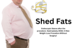 Overweight man in a shirt and tie standing beside text that reads “Shed Fats” and an image of a weighing scale wrapped with measuring tape.