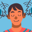 Illustration of a person with eyes closed, smiling, while loudspeaker sounds and sound waves point toward both ears — representing hearing awareness and possible tinnitus.