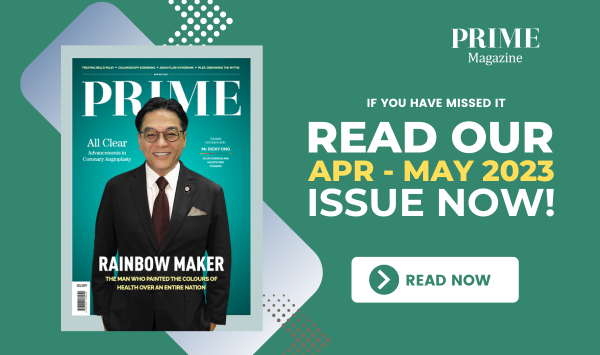 Cover of PRIME Magazine April–May 2023 issue featuring Mr Ricky Ong, founder of JR Life Sciences, with health and wellness article titles.