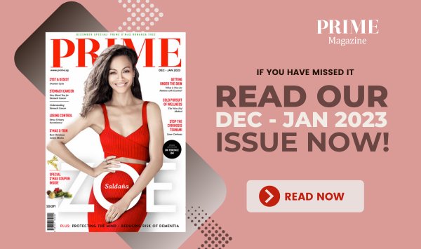PRIME Magazine Dec–Jan 2023 cover featuring Zoe Saldaña in a red dress with highlights on health, wellness, and lifestyle articles.