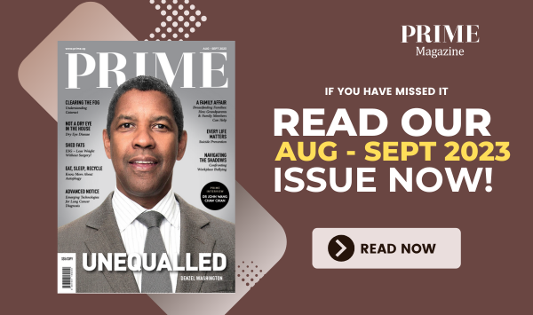 Cover of PRIME Magazine Aug–Sept 2023 issue featuring Denzel Washington dressed in a suit and tie with the headline "Unequalled." The cover includes article highlights on sleep health, advanced nutrition, family wellness, and medical insights for readers over 40.