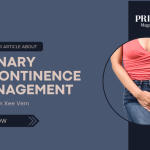 Woman holding her hand in front of her body, indicating urgency and urinary incontinence, with the text "Urinary Incontinence Management