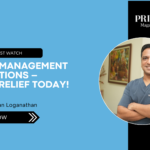Dr. Loganathan featured in a Prime Magazine banner with text overlay “Pain Management Solutions – Find Relief Today!”