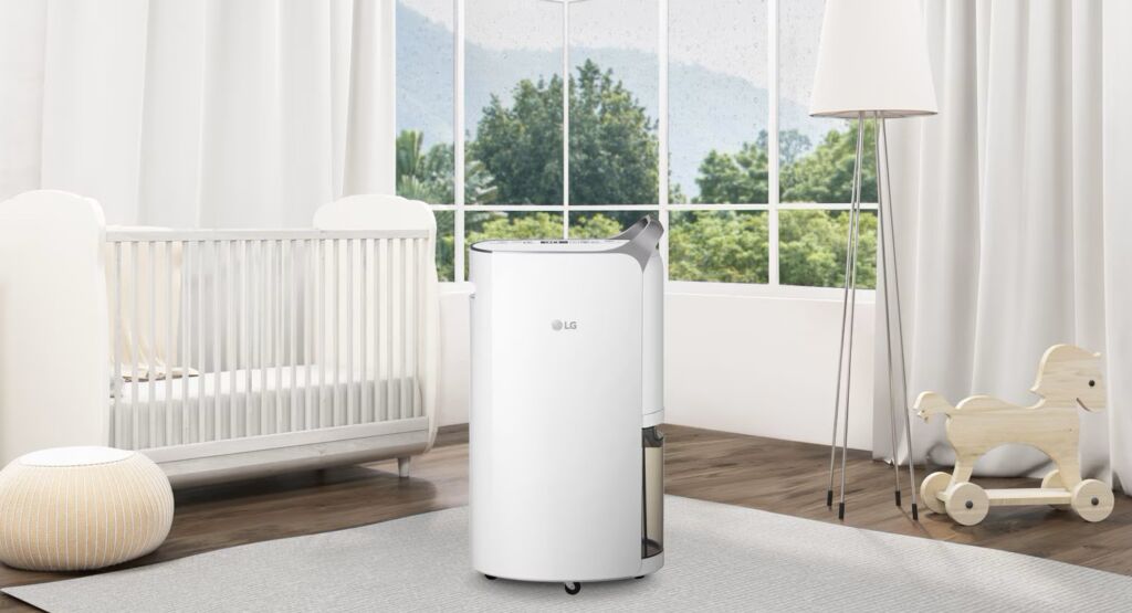 LG 30L Dual Inverter Dehumidifier with Ionizer quietly operating in a modern indoor space