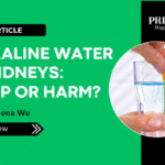 Glass of water with an alkaline test strip, featuring the title “Alkaline Water: Help or Harm for Your Kidneys? by Dr Fiona Wu