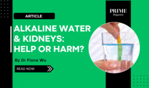 Glass of water with an alkaline test strip, featuring the title “Alkaline Water: Help or Harm for Your Kidneys? by Dr Fiona Wu