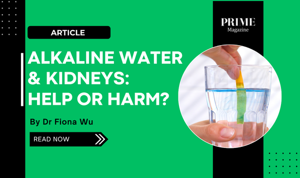Glass of water with an alkaline test strip, featuring the title “Alkaline Water: Help or Harm for Your Kidneys? by Dr Fiona Wu