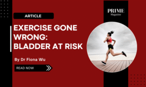 Woman running outdoors with overlay text "Exercise Gone Wrong: Bladder at Risk" – highlighting the link between intense workouts and stress urinary incontinence.