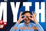 Dr. Khor Wei Boon smiling and holding two eye models over his face like glasses, with bold text “EYE MYTHS” and a call-to-action to watch now on Prime.sg.