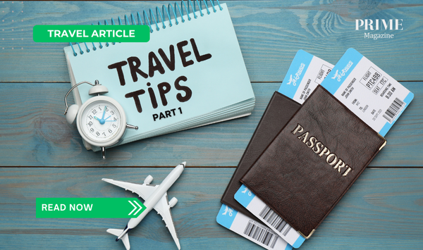 Airplane and passport on a table with the text "Prime Essential Travel Tips Part 1: Travel Planning"