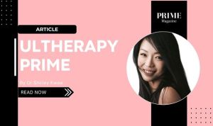 Dr Shirley Kwee standing confidently beside the Ultherapy Prime branding.