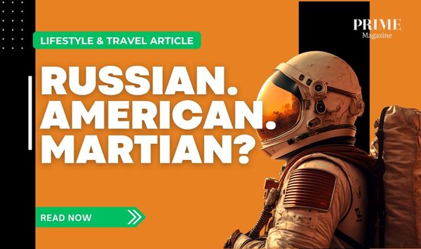 A solitary astronaut-like soldier standing against a barren, reddish landscape with the text “Russian. American. Martian?