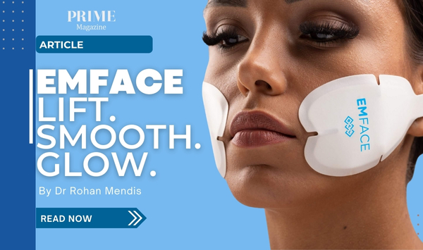 A woman undergoing Emface treatment with applicators on her cheeks, promoting a needle-free facelift for lifting, smoothing, and glowing skin.