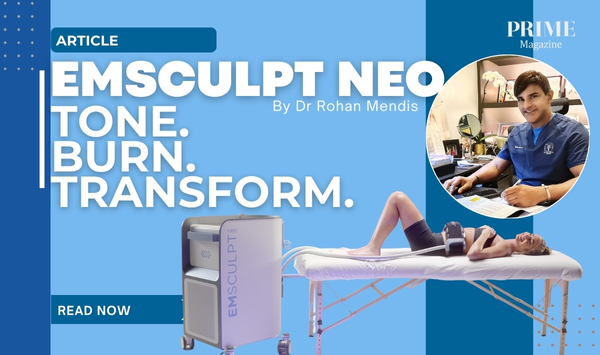 banner for an article on Emsculpt NEO body contouring by Dr Rohan Mendis, showing a patient receiving treatment on a clinic bed with the Emsculpt NEO machine