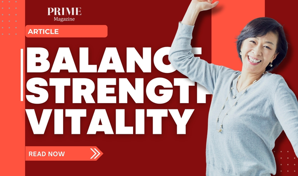 Article cover with the words “Balance, Strength, Vitality” and a smiling woman raising her arm confidently.