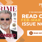 PRIME Magazine February–March 2025 issue cover featuring Pierce Brosnan with headline “Bonded,” alongside call-to-action to read the issue now.