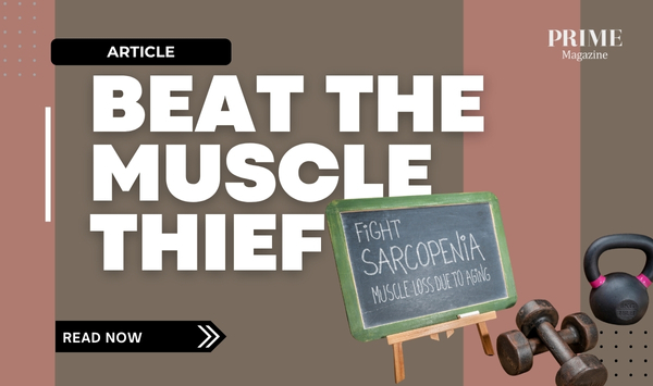 Blackboard with chalk text “Fight sarcopenia muscle loss due to aging” and bold heading “Beat the muscle thief.”