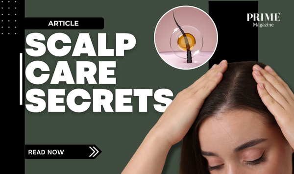 Close-up of a woman parting her hair to examine her scalp, with the words 'Scalp Care Secrets' overlaid.