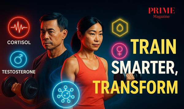 Man and woman lifting dumbbells with hormone icons for cortisol, testosterone, and estrogen, representing smart training and body transformation.