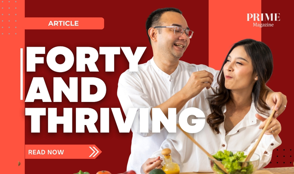Happy couple in their 40s enjoying a healthy meal, with the words “Forty and Thriving” overlaid.