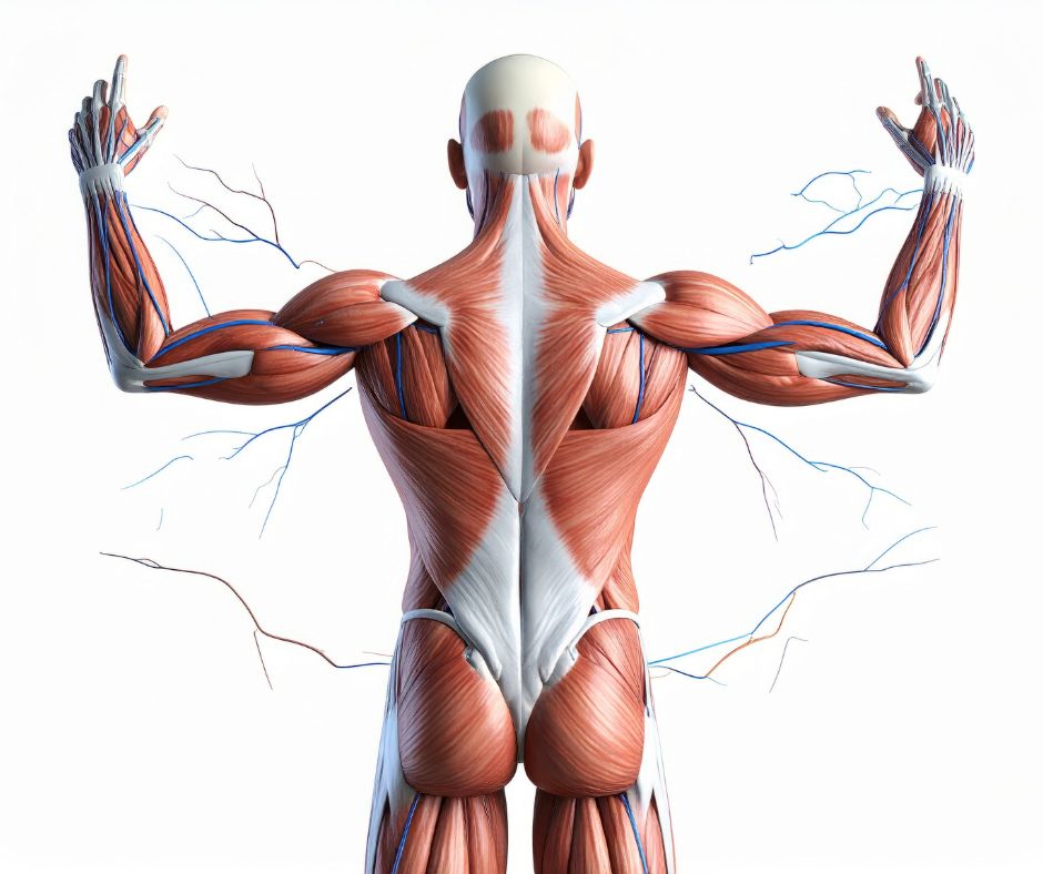 Human muscular anatomy back view showing detailed muscles, nerves, and veins for education, physiotherapy, and fitness training