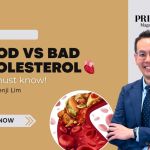 Dr. Benji Lim smiling in a suit with text ‘Good vs Bad Cholesterol You Must Know!’ and health visuals of food and blood cells, Prime Magazine video banner.