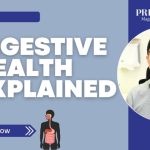 A promotional banner for Prime Magazine featuring the title "Digestive Health Explained," a headshot of a smiling man in the top right, and an illustration of the digestive system at the bottom.