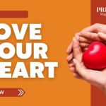 Promotional graphic for Prime Magazine article titled "Love Your Heart," showing hands holding a red heart-shaped object on an orange background.