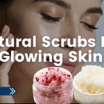 Promotional graphic for an article about natural skin scrubs, featuring a close-up of a person with glowing skin and jars of homemade exfoliating scrubs.