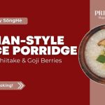 Bowl of Asian-style rice porridge with shiitake mushrooms and goji berries – nourishing congee recipe by SongHe