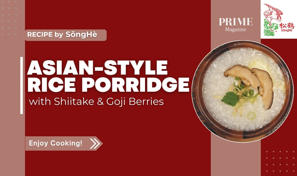 Bowl of Asian-style rice porridge with shiitake mushrooms and goji berries – nourishing congee recipe by SongHe