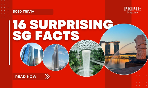 SG60 Trivia – 16 surprising facts about Singapore infographic with city skyline, Jewel Changi waterfall, Marina Bay Sands, and Merlion images