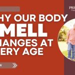 A magazine article banner with the headline “Why Our Body Smell Changes at Every Age.” The design features bold white text on a red background and a circular photo of an elderly couple walking outdoors.
