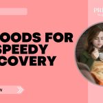 A young woman wrapped in a blanket sits on a sofa, sipping soup, with the headline “5 Foods for a Speedy Recovery” displayed in bold black text on a pink background.
