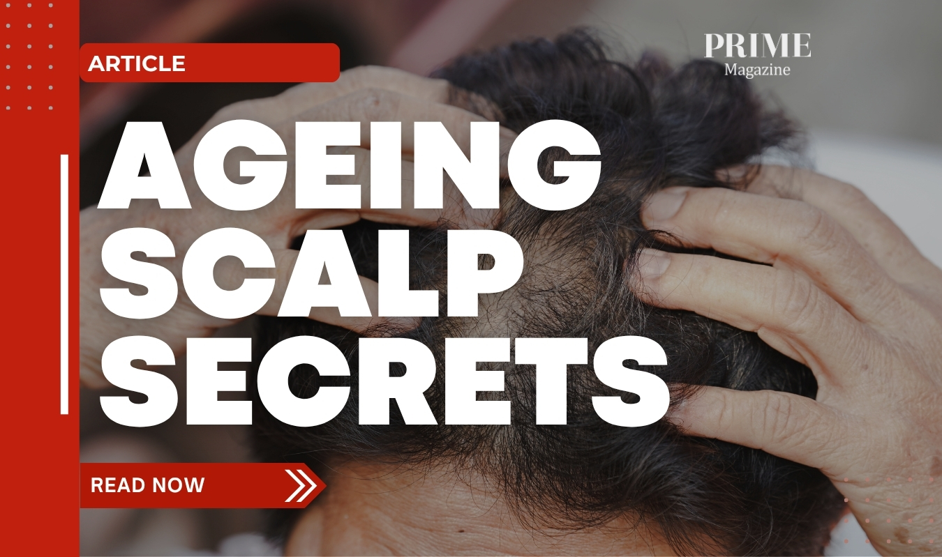 Close-up of a person examining their scalp, highlighting hair thinning and ageing-related scalp concerns.