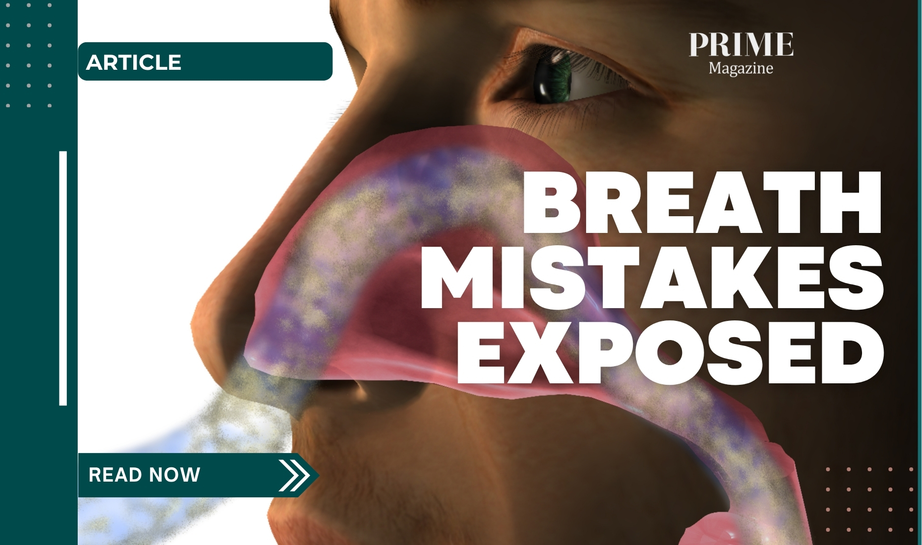 Close-up illustration of a person’s nose and airway showing airflow through the nasal passages with bold text reading “Breath Mistakes Exposed” from Prime Magazine.