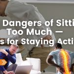 romotional graphic about the dangers of sitting too much, featuring images of people experiencing back pain and highlighting the spine.