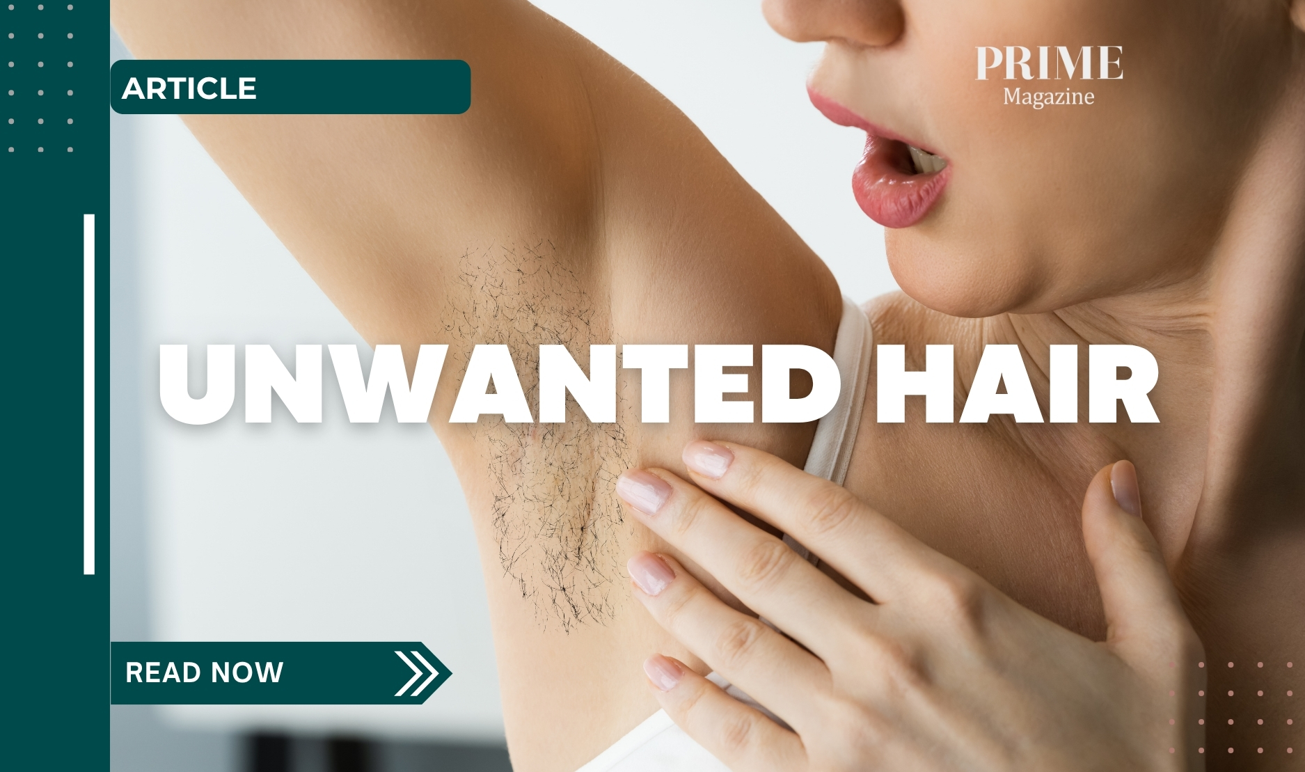 Close-up of a woman surprised by visible armpit hair while checking her underarm.