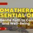 Article banner titled ‘Aromatherapy Essential Oils: A Gentle Path to Calm and Well-Being’ with amber essential oil bottles and lavender sprigs in the background