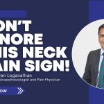 Dr Nivan Loganathan smiling in a navy suit beside bold text reading “Don’t Ignore This Neck Pain Sign!” — Prime Magazine video cover on neck pain warning signs.