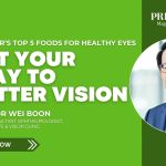 A promotional graphic with the title “Eat Your Way to Better Vision” featuring a portrait of Dr Khor Wei Boon. The design includes green tones and a “Watch Now” call-to-action.